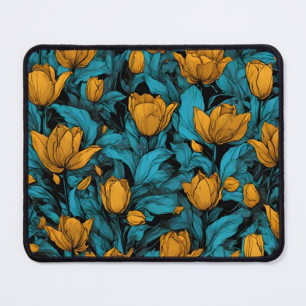 Item preview, Comic Jungle Tulip Flower Pattern in Turquoise and Mustard with black background designed and sold by WAUZ.