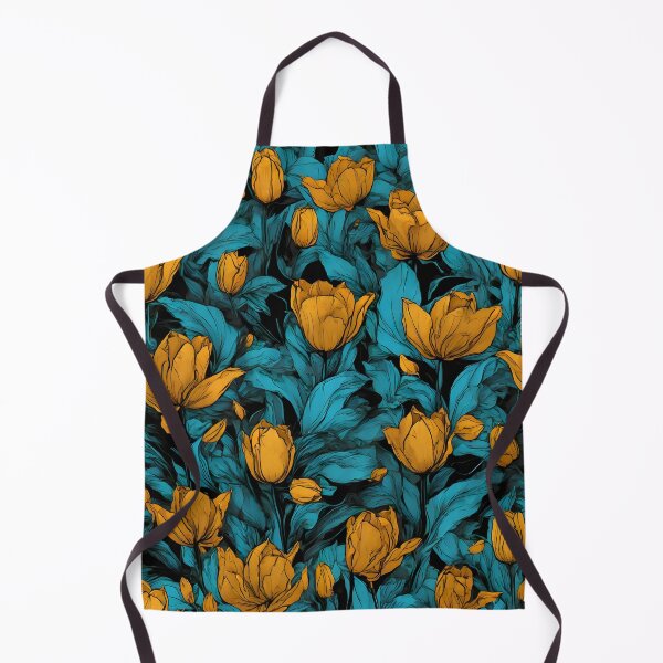 Item preview, Comic Jungle Tulip Flower Pattern in Turquoise and Mustard with black background designed and sold by WAUZ.