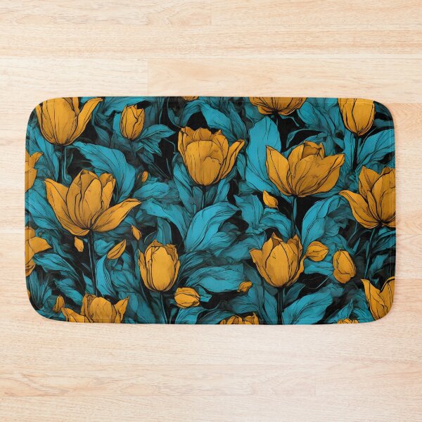 Item preview, Comic Jungle Tulip Flower Pattern in Turquoise and Mustard with black background designed and sold by WAUZ.