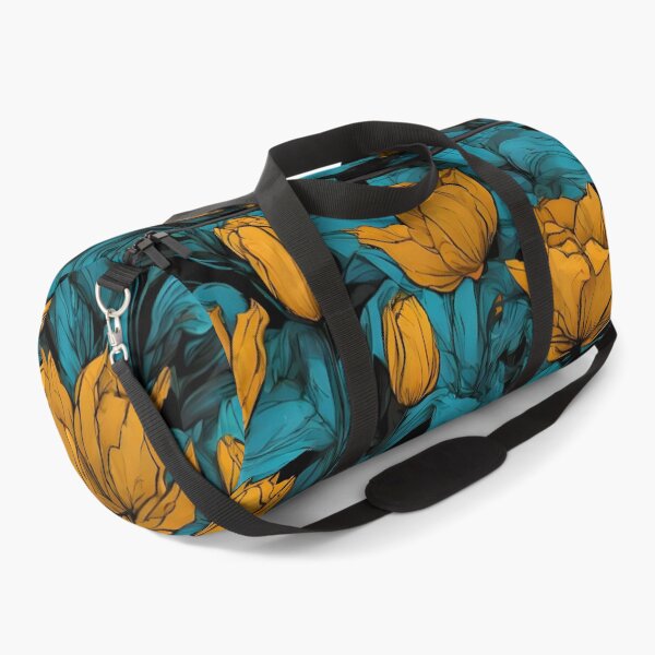 Item preview, Comic Jungle Tulip Flower Pattern in Turquoise and Mustard with black background designed and sold by WAUZ.