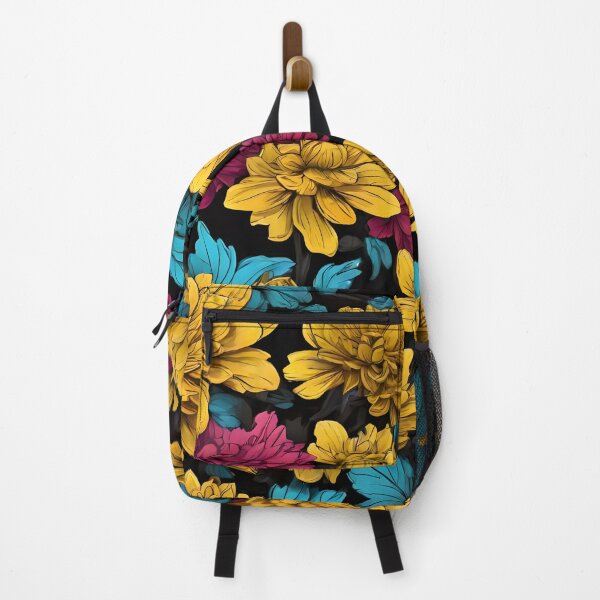 Artikelvorschau, Chrysanthemen-Blumenmuster auf gelbem, magentafarbenem, cyanfarbenem und schwarzem Hintergrund entworfen und verkauft von WAUZ.