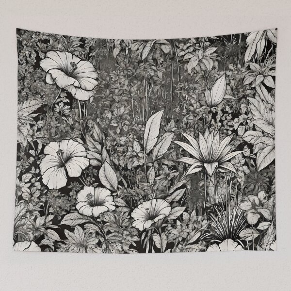 Item preview, Comic jungle scene flower pattern in black and white designed and sold by WAUZ.