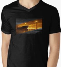 Lighthouse with tanker at night Men's V-Neck T-Shirt