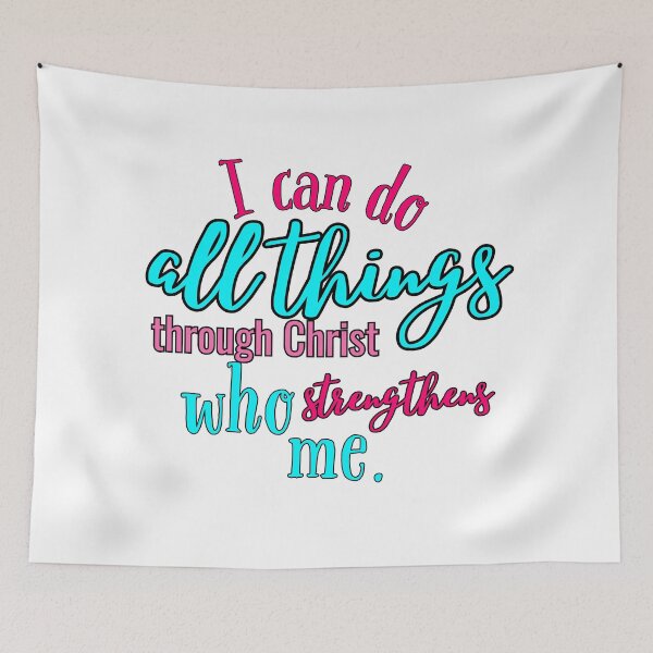 Item preview, I can do all things through Christ who strengthens me colorful blue pink bible verse shirt for kids designed and sold by FreedByJesus.