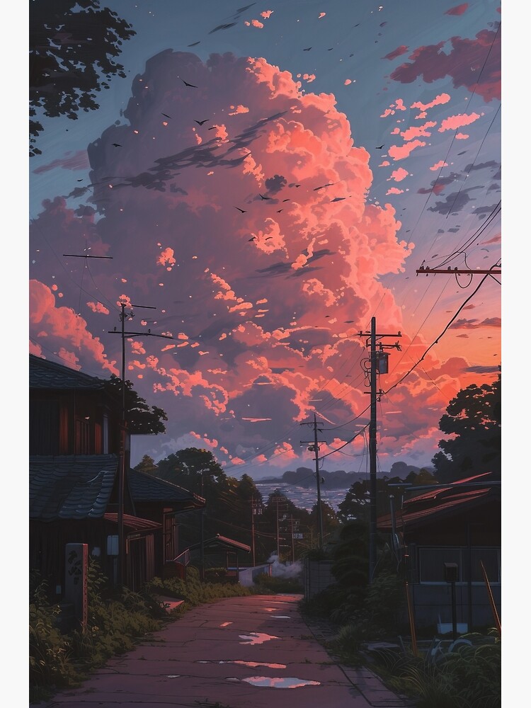 Thumbnail 2 of 2, Greeting Card, Crimson Skies Over Tranquil Town designed and sold by EtherealEchoes.