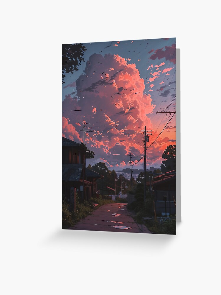 Thumbnail 1 of 2, Greeting Card, Crimson Skies Over Tranquil Town designed and sold by EtherealEchoes.