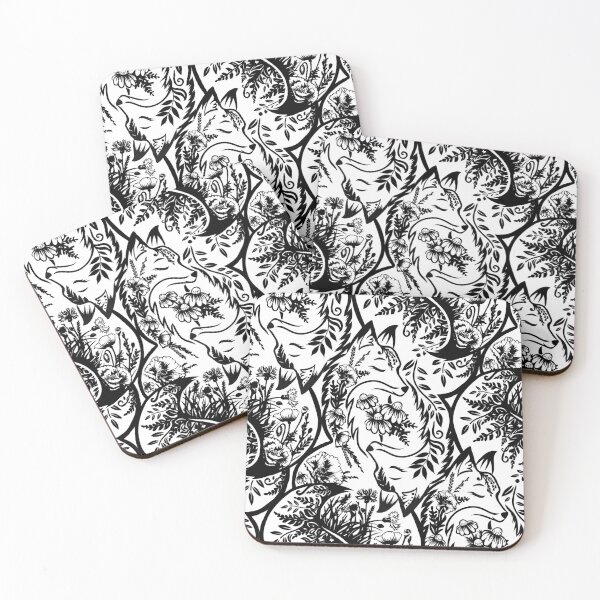 Item preview, Mandala style magical foxes with flowers, white and black seamless composition designed and sold by Drawmecute.