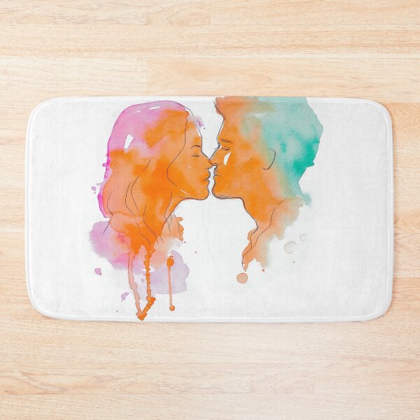 Item preview, Copy of couples vibrant watercolor of couple about to kiss. Orange and teal hues blend, ink outlines define features. designed and sold by PrintsByVickson.