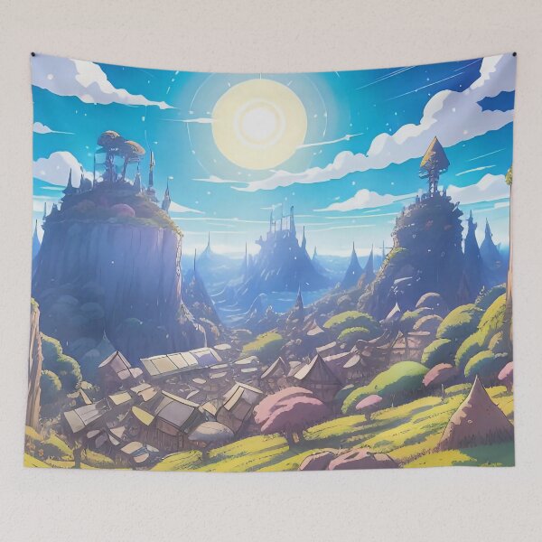 Item preview, Enchanted Village Amidst Nature’s Majestic Rocky Cliffs designed and sold by ArtComixHaven.