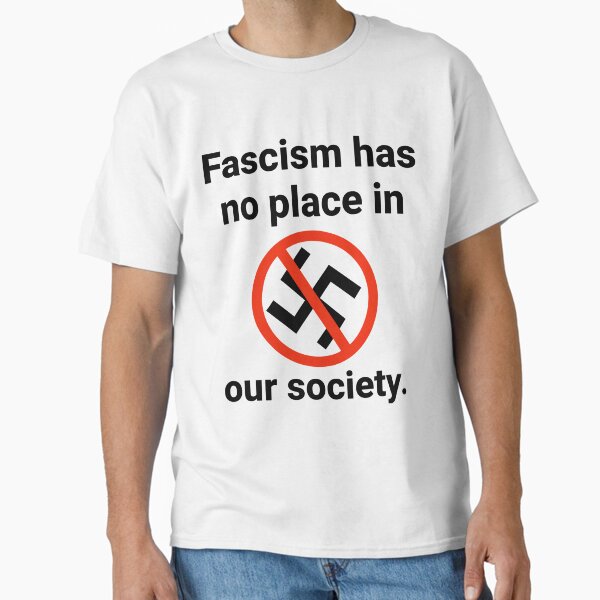 Vista previa del artículo con la obra «El fascismo no tiene lugar en nuestra sociedad.», diseñado y vendido por Rachel the Artist .