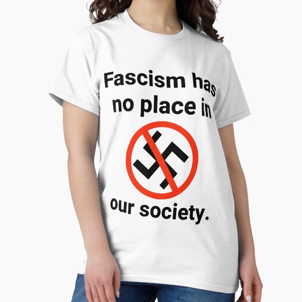 Vista previa del artículo con la obra «El fascismo no tiene lugar en nuestra sociedad.», diseñado y vendido por Rachel the Artist .