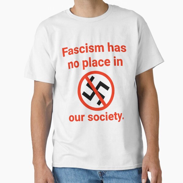 Vista previa del artículo con la obra «El fascismo no tiene lugar en nuestra sociedad.», diseñado y vendido por Rachel the Artist .