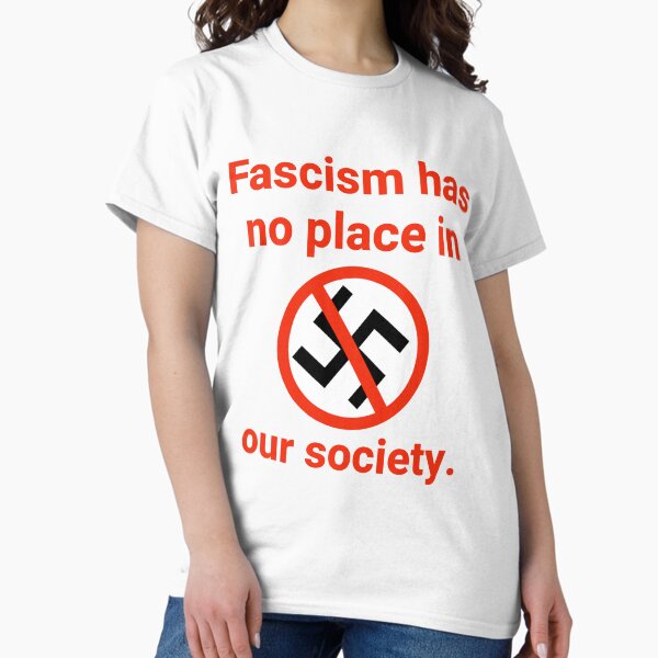 Vista previa del artículo con la obra «El fascismo no tiene lugar en nuestra sociedad.», diseñado y vendido por Rachel the Artist .