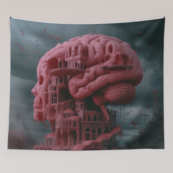 Item preview, Moody Surreal Whirlwind: Bats Swarm Pink Brain Overflowing Castle designed and sold by Rage-Ai.