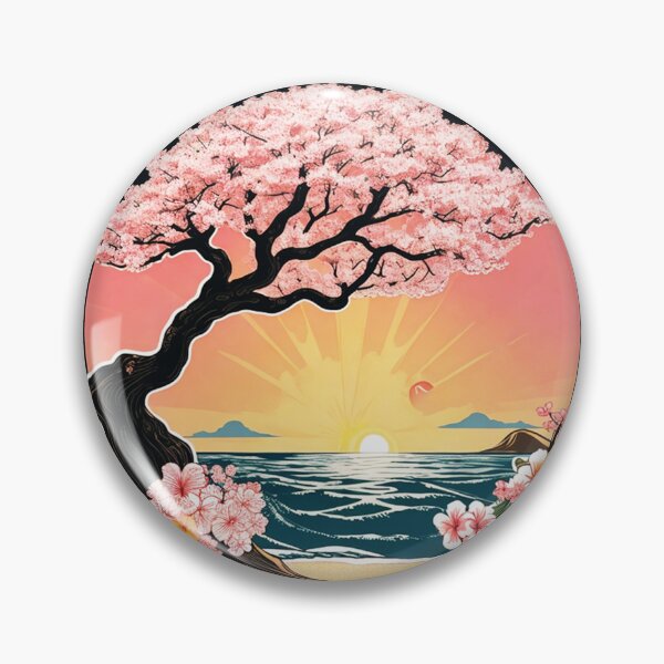 Item preview, Sunset Sakura Tree on the Beach with Ocean Waves and Hawaii Flowers designed and sold by NautiChic.