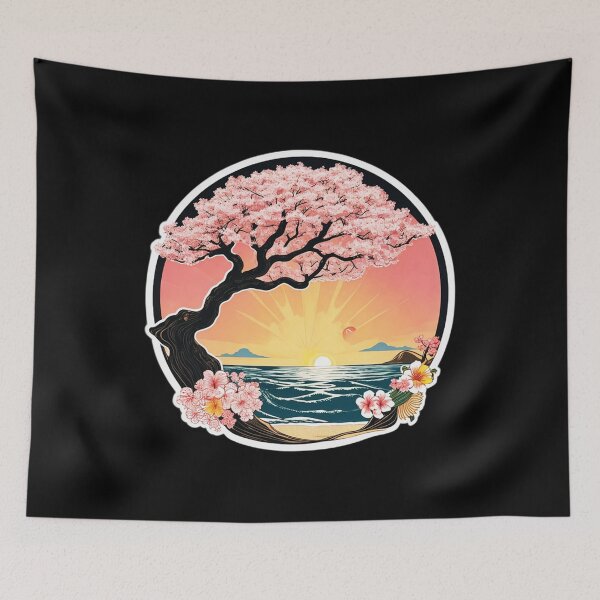 Item preview, Sunset Sakura Tree on the Beach with Ocean Waves and Hawaii Flowers designed and sold by NautiChic.