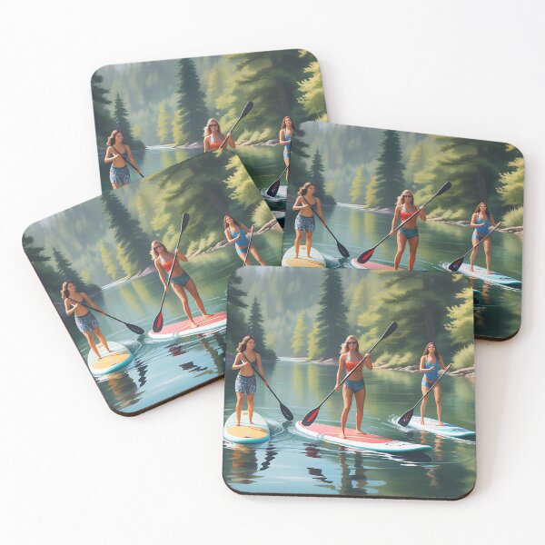 Item preview, Watercolor painting of a group of friends paddle boarding together on a tranquil lake designed and sold by IAmagineFR.