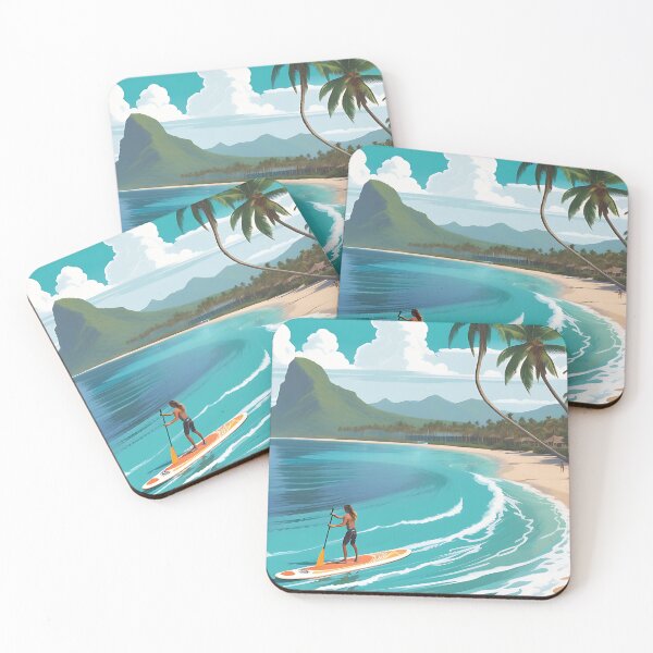 Item preview, Panoramic view of a tropical beach, with paddle boarders sailing through turquoise waves and palm trees designed and sold by IAmagineFR.