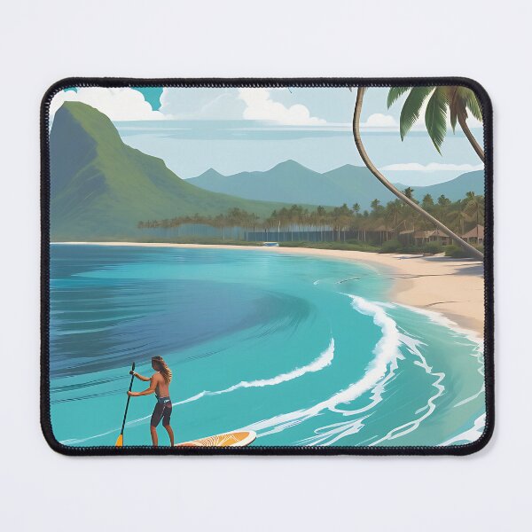 Item preview, Panoramic view of a tropical beach, with paddle boarders sailing through turquoise waves and palm trees designed and sold by IAmagineFR.