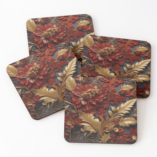 Item preview, Flowers and leaves in dark red, black and gold - 3D relief #64 designed and sold by GoldenEraArt.