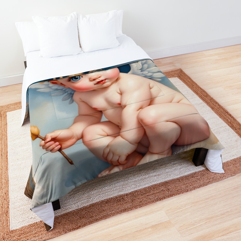 I Think You Are Next On My List AI Concept Art by Xzendor7 - Says The Adorable Cupid 3 I Think You're Next On My List Adorable AI Concept Art Portrait by Xzendor7 Decorative Comforter Art Print
