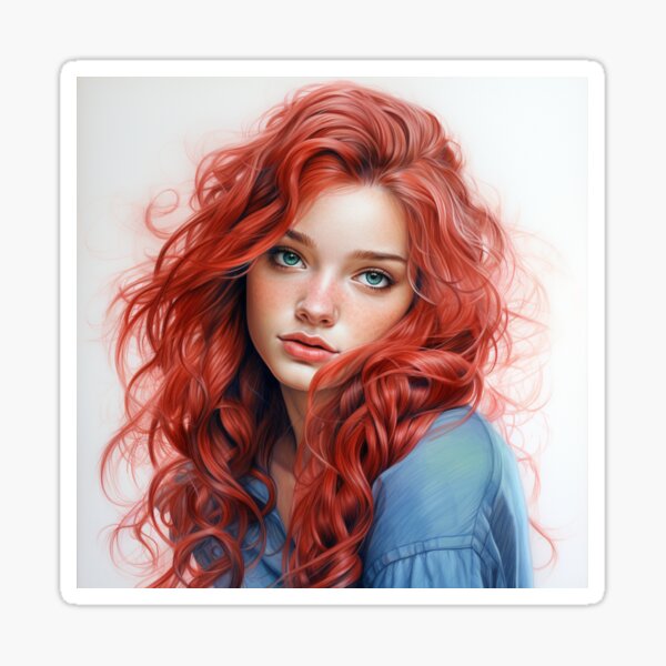 Vista previa del artículo con la obra «Chica pelirroja - Estilo lápiz de color», diseñado y vendido por AxeWave.