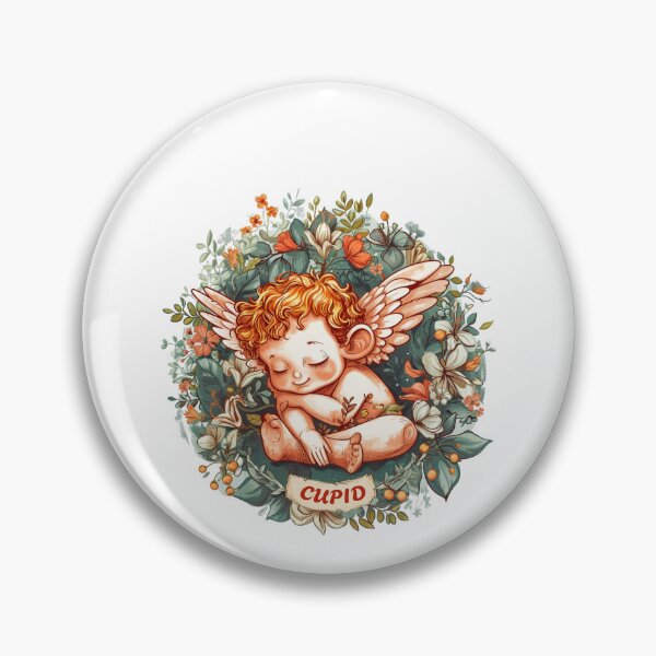 Item preview, Sleeping cupid in circular detailed botanical illustration designed and sold by PrintsByVickson.