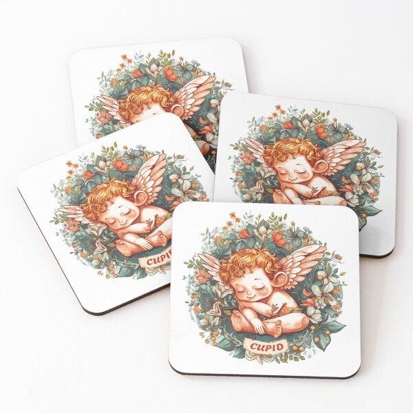 Item preview, Sleeping cupid in circular detailed botanical illustration designed and sold by PrintsByVickson.