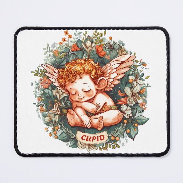 Item preview, Sleeping cupid in circular detailed botanical illustration designed and sold by PrintsByVickson.