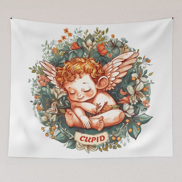 Item preview, Sleeping cupid in circular detailed botanical illustration designed and sold by PrintsByVickson.