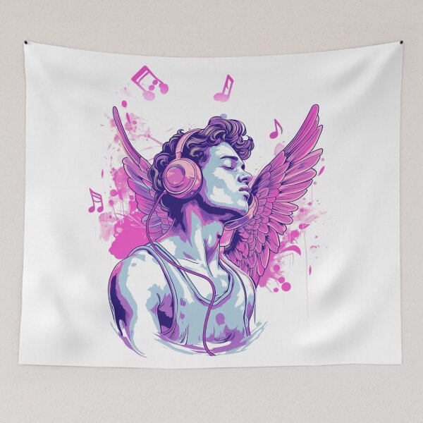 Item preview, Pink cupid art, man listening to music with wings behind designed and sold by PrintsByVickson.