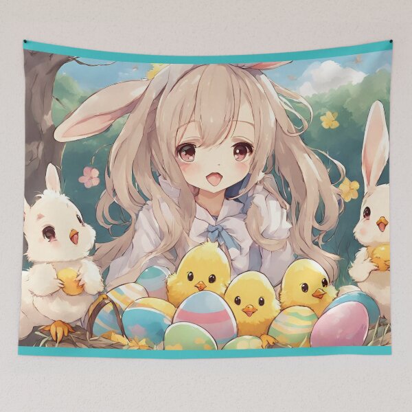 Aperçu de l'œuvre Vacances de Pâques avec des lapins et des poussins mignons Anime Sweet Girl Style créée et vendue par TajfunX.