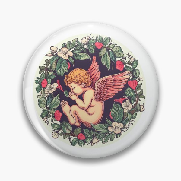 Item preview, Cute sleeping cupid in circular detailed botanical illustration designed and sold by PrintsByVickson.
