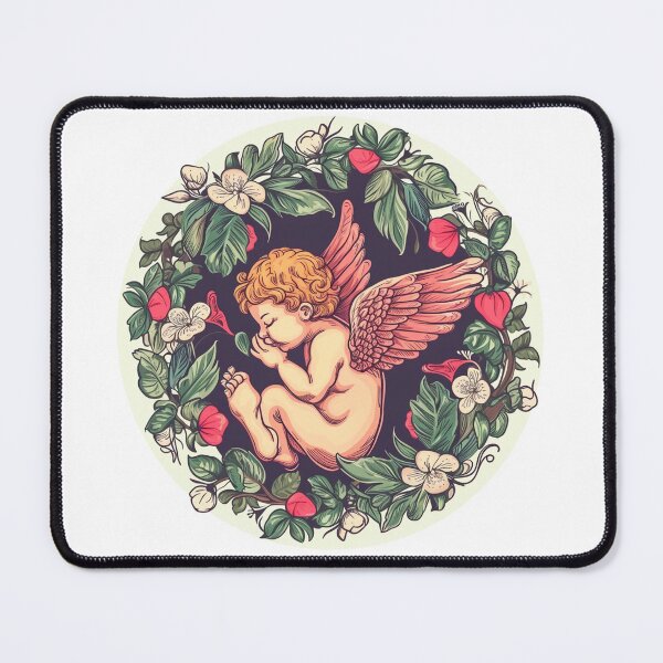 Item preview, Cute sleeping cupid in circular detailed botanical illustration designed and sold by PrintsByVickson.
