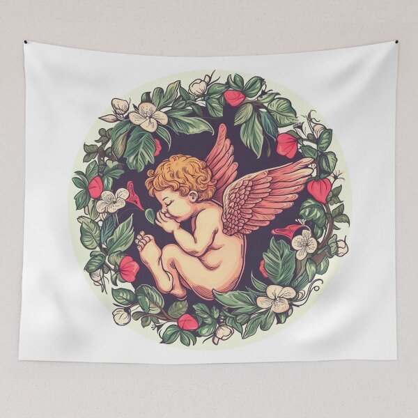 Item preview, Cute sleeping cupid in circular detailed botanical illustration designed and sold by PrintsByVickson.