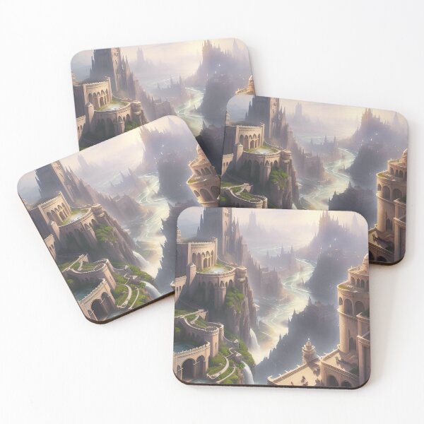 Item preview, Sunrise over the Majestic Cliffside Castle and Waterfalls designed and sold by ArtComixHaven.