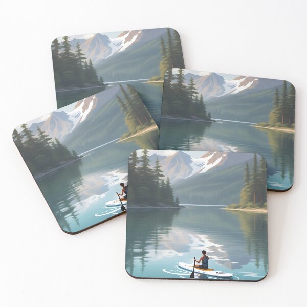 Item preview, A peaceful lake landscape, with reflections of mountains and trees on the water, and a paddle boarder relaxing in the middle designed and sold by IAmagineFR.