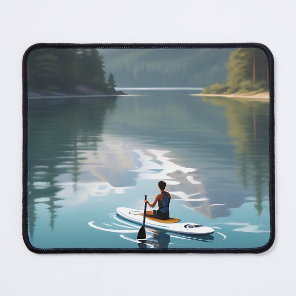 Item preview, A peaceful lake landscape, with reflections of mountains and trees on the water, and a paddle boarder relaxing in the middle designed and sold by IAmagineFR.