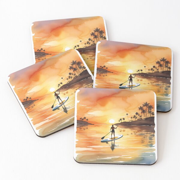 Item preview, Watercolor of a paddle board session at sunrise designed and sold by IAmagineFR.