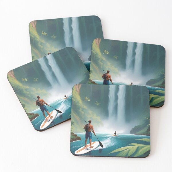 Item preview, A paddle boarder admiring a majestic waterfall from his boat designed and sold by IAmagineFR.