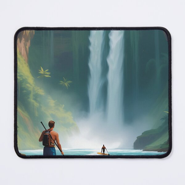 Item preview, A paddle boarder admiring a majestic waterfall from his boat designed and sold by IAmagineFR.
