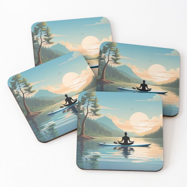 Item preview, A paddle boarder doing yoga on his boat in the middle of a calm lake designed and sold by IAmagineFR.