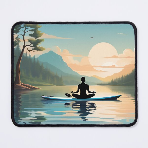 Item preview, A paddle boarder doing yoga on his boat in the middle of a calm lake designed and sold by IAmagineFR.
