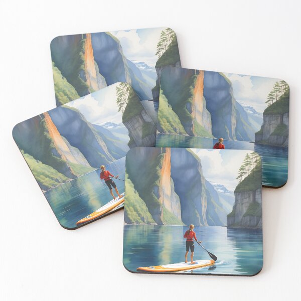 Item preview, Watercolor of a paddle board excursion along a spectacular fjord designed and sold by IAmagineFR.
