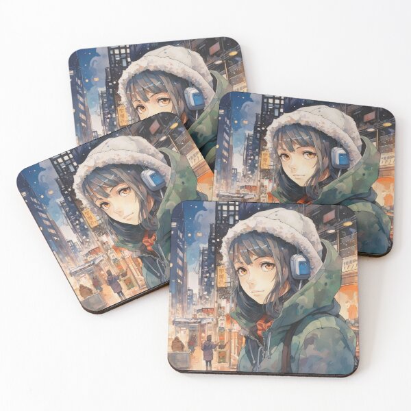 Item preview, anime girl scout in headphones walking night city designed and sold by AI Gizmo.