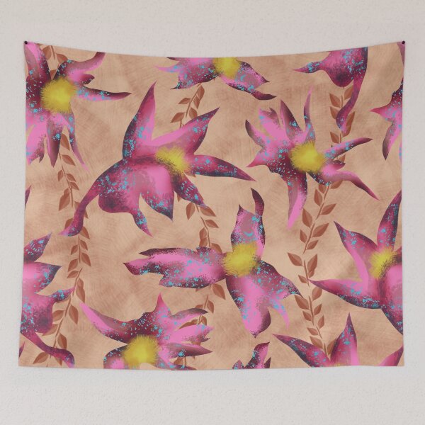 Item preview, A galaxy of pink flowers on a peach backdrop with brown leaves and branches. designed and sold by Khaled Shaban Ali.