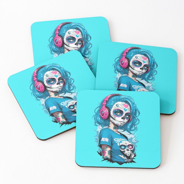 Item preview, Sugar Skull Girl with Blue Hair & Pink Headphones designed and sold by A78-Designs.