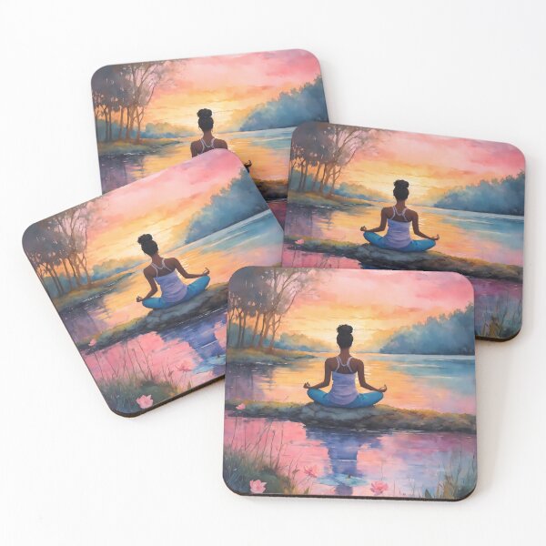 Item preview, soft & delicate watercolor portrait of a woman meditating on a tranquil lake during golden hour designed and sold by soulfulpalette.