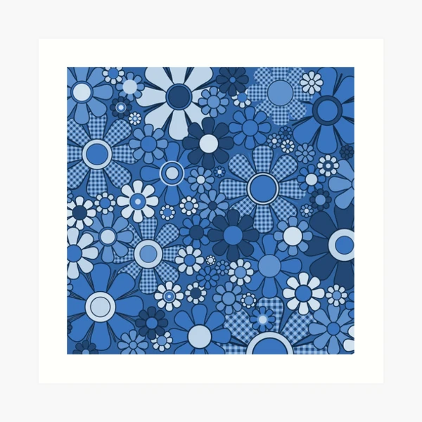Retro Garden Gingham Flowers Vivid Blue 60s 70s Floral