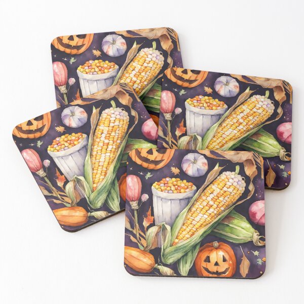 Item preview, charming watercolor of intricate patterns of pumpkins, corn, and fall leaves intertwine, capturing the essence of Halloween designed and sold by soulfulpalette.